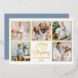 Carte De Vœux En Aluminium Calligraphie moderne amusante 5 Photo Dusty Blue G<br><div class="desc">Calligraphie moderne Gold Foil Script 5 Photo Famille Collage de photos Joyeux Noël Card - Vos photos dans cadres Gold Foil avec un dos bleu poussiéreux</div>