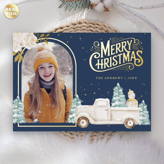 Carte De Vœux En Aluminium Camion blanc Snowman Photo de Noël Marine Blue Gol