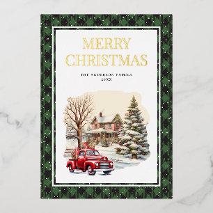 Carte De Vœux En Aluminium Camion Rouge Joyeux Noël Plaid Vert Buffle Or