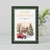Carte De Vœux En Aluminium Camion Rouge Joyeux Noël Plaid Vert Buffle Or (Debout devant)