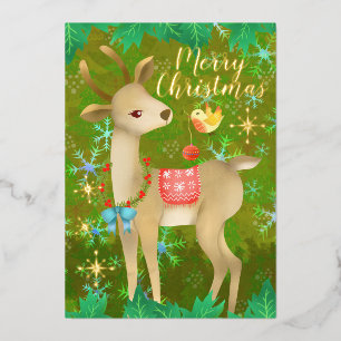 Carte De Vœux En Aluminium Cerf de Noël avec oiseau.