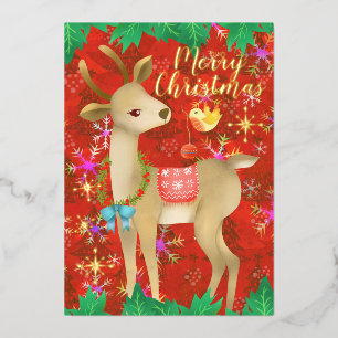 Carte De Vœux En Aluminium Cerf de Noël avec oiseau. Rouge.