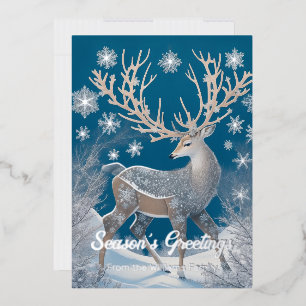 Carte De Vœux En Aluminium Cerf en paysage hivernal, détails de la feuille et