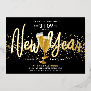 Carte De Vœux En Aluminium Champagne Confetti Nouvel An Moderne Élégant Noir
