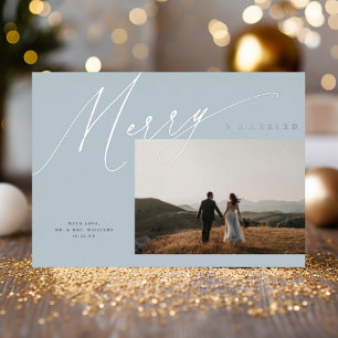 Carte De Vœux En Aluminium Chic Elegant Merry & Marié Une Photo Dusty Blue