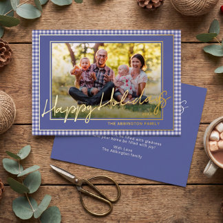 Carte De Vœux En Aluminium Chic Gingham Gold Foil Happy Holidays Family Photo