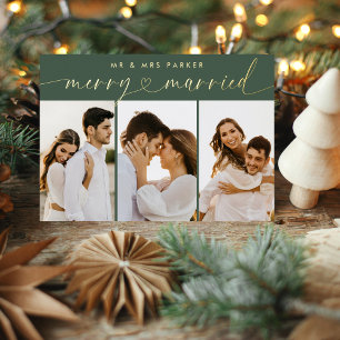 Carte De Vœux En Aluminium Chic Joyeux & Marié Script de Coeur Noël Photo