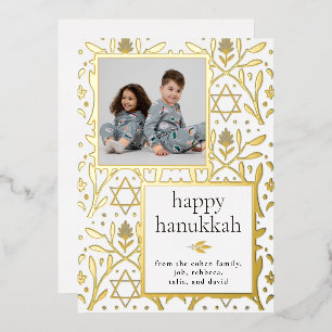 Carte De Vœux En Aluminium Chic Moderne Floral Folk 1 Photo Joyeux Hanukkah
