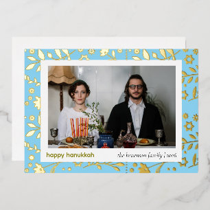 Carte De Vœux En Aluminium Chic Moderne Floral Folk 1 Photo Joyeux Hanukkah