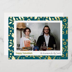 Carte De Vœux En Aluminium Chic Moderne Floral Folk 1 Photo Joyeux Hanukkah