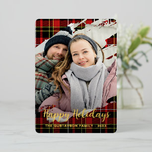 Carte De Vœux En Aluminium Chic Rouge Noir Jaune Blanc Plaid Motif Or