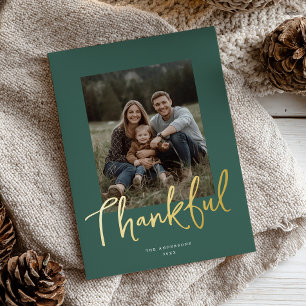 Carte De Vœux En Aluminium Chic Script Photo de Thanksgiving Vert foncé Or