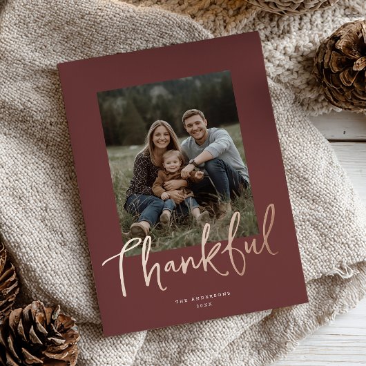 Carte De Vœux En Aluminium Chic Script Thanksgiving Photo Burgundy Rose Gold