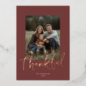 Carte De Vœux En Aluminium Chic Script Thanksgiving Photo Burgundy Rose Gold (Recto)