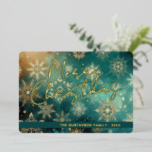 Carte De Vœux En Aluminium Chic Turquoise Flou de neige bleu floral Art Or