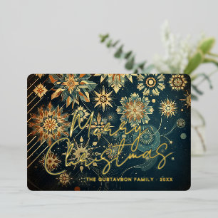 Carte De Vœux En Aluminium Chic Turquoise Flou de neige bleu floral Art Or