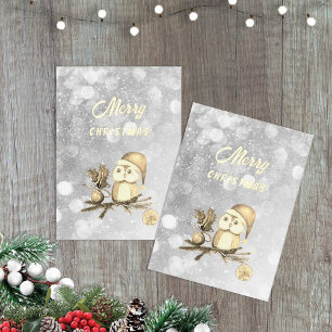 Carte De Vœux En Aluminium Chouette de Noël mignonne avec branches et boules
