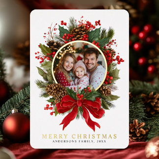 Carte De Vœux En Aluminium Christmas Wreath Family Photo Foil Holiday Card