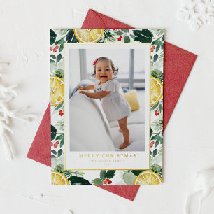 Carte De Vœux En Aluminium Citrus d'hiver et verdure Motif Photo de Noël