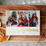 Carte De Vœux En Aluminium Classique Simple 3 photo Joyeux Noël Or<br><div class="desc">Célébrez la saison avec cette unique, classique simple 3 photo Joyeuse carte de vacances en feuille d'or de Noël avec une touche de charme vintage. Le design minimaliste présente une élégante palette de couleurs dorées, évoquant l'esprit cosy de l'hiver. Son attrait moderne, associé à la formulation traditionnelle, crée un équilibre...</div>