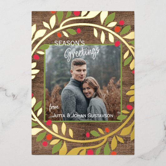 Carte De Vœux En Aluminium Classique Vert Holly Rouge Berries Or (Recto)