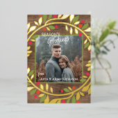 Carte De Vœux En Aluminium Classique Vert Holly Rouge Berries Or (Debout devant)