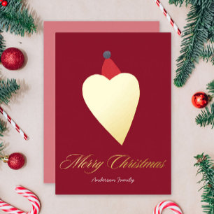 Carte De Vœux En Aluminium Coeur d'or de fête avec Casquette de Noël Rouge
