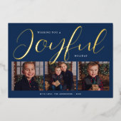 Carte De Vœux En Aluminium Collage photo Joyful Modern Blue and Gold Script (Recto)