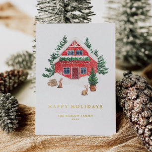 Carte De Vœux En Aluminium Cosy Aquarelle Rouge Cottage Forêt À feuillage per