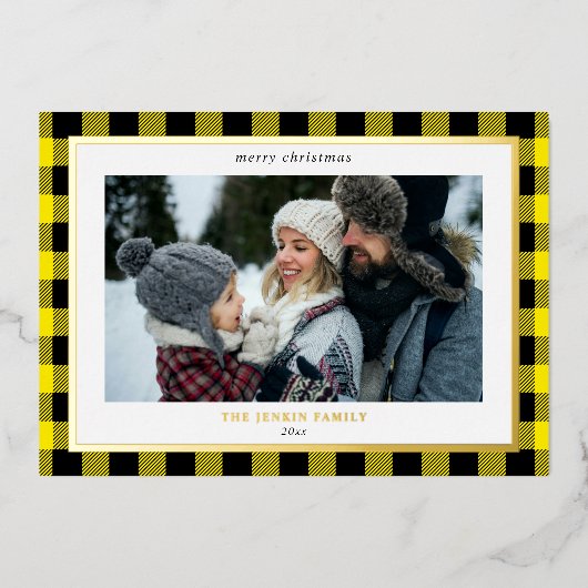 Carte De Vœux En Aluminium Cosy Jaune Noir Plaid Bordure 3 Photos Noël (Recto)