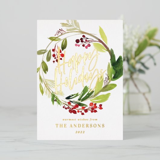 Carte De Vœux En Aluminium Couronne de baies à l'aquarelle Joyeuses Fêtes (Debout devant)