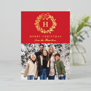 Carte De Vœux En Aluminium Couronne de Noël Élégante Monogramme Rouge 4 Photo