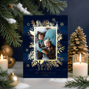 Carte De Vœux En Aluminium Couronne de photographie Navy & Gold Jewels Plumes