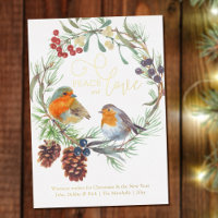 Couronne de pin de Noël Robin Paix & Amour Or