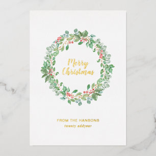 Carte De Vœux En Aluminium Couronne de verdure rustique Joyeux Noël Or
