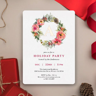 Carte De Vœux En Aluminium Couronne florale rose monogramme pour fête de Noël