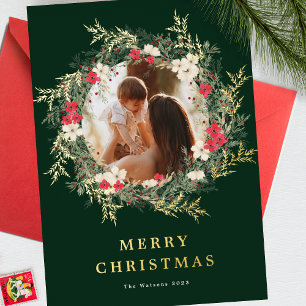 Carte De Vœux En Aluminium couronne moderne verte une photo joyeux noël or