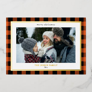 Carte De Vœux En Aluminium Cozy Orange Black Plaid Border 3 Photos Noël