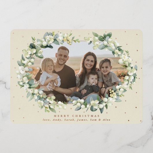 Carte De Vœux En Aluminium Crème Snowberry + Eucalyptus Photo de Noël (Recto)