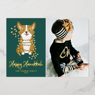 Carte De Vœux En Aluminium Cute Corgi et String Lights Photo Happy Hanoukka