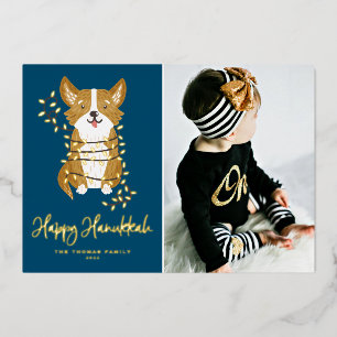 Carte De Vœux En Aluminium Cute Corgi et String Lights Photo Happy Hanoukka