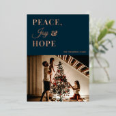 Carte De Vœux En Aluminium Design Blue Gold Script Peace Joy Hope Photo (Debout devant)