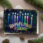Carte De Vœux En Aluminium Dessin Abstrait Menorah Festival des Lumières Bleu<br><div class="desc">Dessin Abstrait de Menorah Festival of Lights Gold Blue</div>