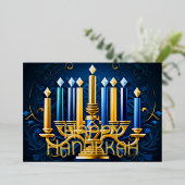 Carte De Vœux En Aluminium Dessin abstrait Menorah Hanukkah joyeux Or Bleu (Debout devant)