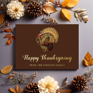 Carte De Vœux En Aluminium Dinde élégante vintage Joyeux Thanksgiving Or
