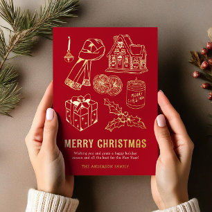 Carte De Vœux En Aluminium Doodle Non-Photo Rouge Noël