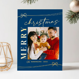 Carte De Vœux En Aluminium Dreamy Blue Gold Script Joyeux Noël Photo