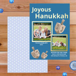 Carte De Vœux En Aluminium Dreidel Rustic Oak Blue 2 Photo Joyeux Hanoukka<br><div class="desc">Ces cartes Hanoukka personnalisées sont faites spéciales avec deux de vos photos préférées et l'impression de papier doré. L'arrière - plan simple bleu foncé moyen donne le ton à deux de vos images encadrées dans des bordures croustillantes de véritable feuille d'or avec trois images rêvées de style bois de chêne...</div>