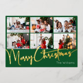 Carte De Vœux En Aluminium Écriture festive verte 9 Photo Joyeux Noël Or (Recto)
