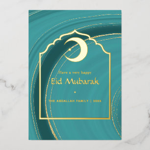 Carte De Vœux En Aluminium Eid Moubarak Turquoise - Teal et Or Agate Feuille 